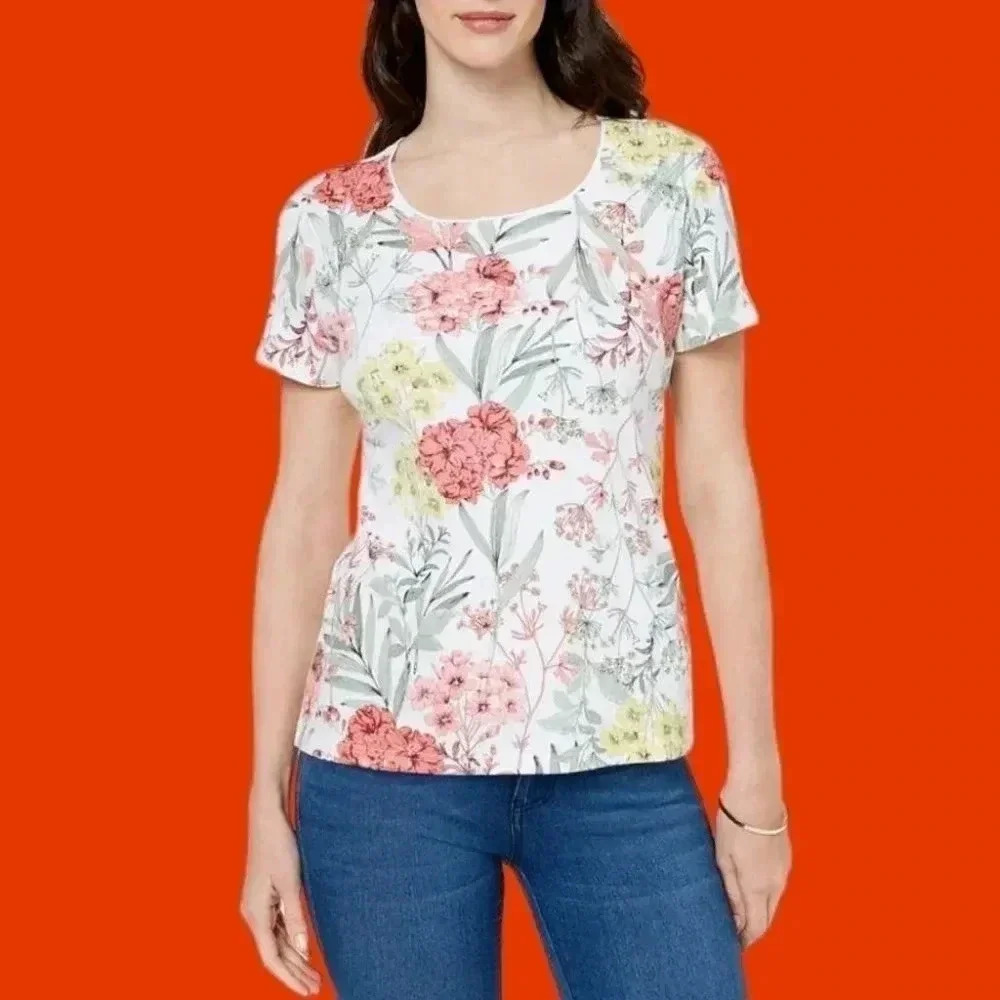 Karen scott short sleeve floral top pink/green petite small
